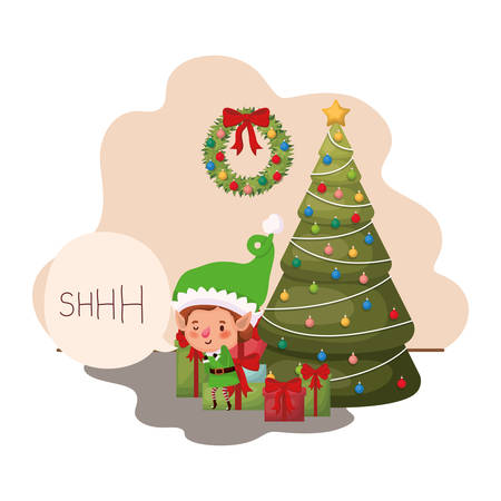 elf with christmas tree and gifts vector illustration desingのイラスト素材