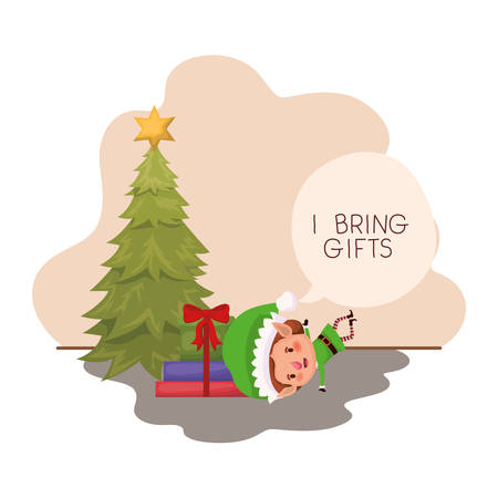 elf with christmas tree and gifts vector illustration desingのイラスト素材