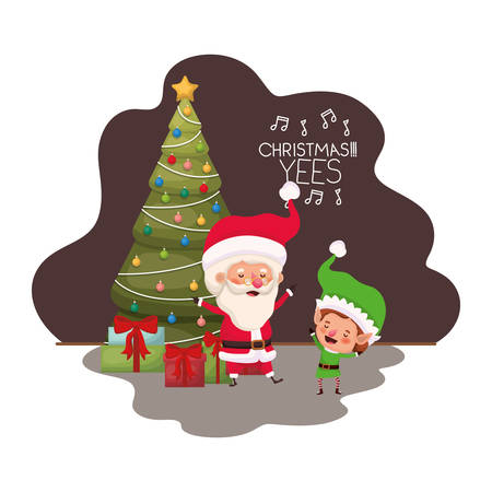santa claus and elf with christmas tree and gifts vector illustration desingのイラスト素材