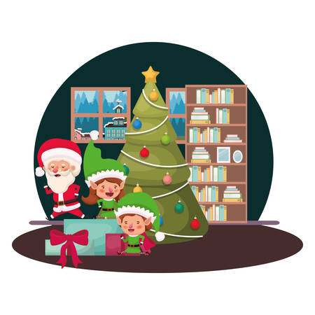 couple of elves and santa claus with christmas tree vector illustration desingのイラスト素材