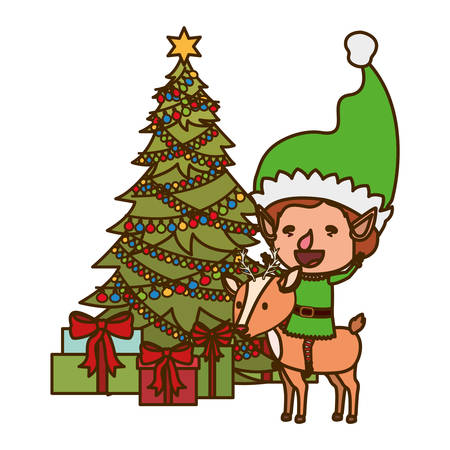 elf with reindeer and christmas tree avatar character vector illustration desingのイラスト素材