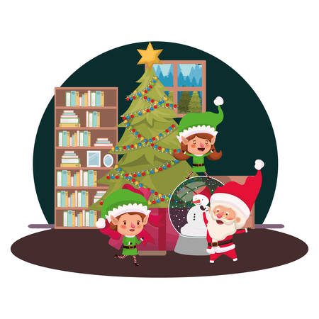 couple of elves and santa claus with christmas tree vector illustration desingのイラスト素材