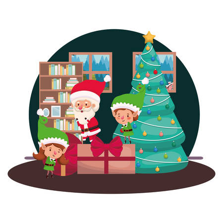 couple of elves and santa claus with christmas tree vector illustration desingのイラスト素材