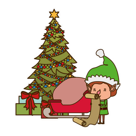 elf with sled and christmas tree avatar character vector illustration desingのイラスト素材