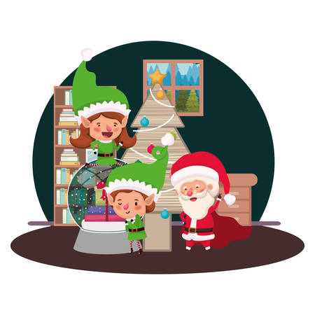 couple of elves and santa claus with christmas tree vector illustration desingのイラスト素材