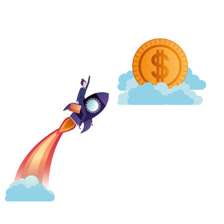 businesswoman on rocket and coin avatar character vector illustration desingのイラスト素材