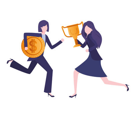 businesswomen with trophy and coin character vector illustration desingのイラスト素材
