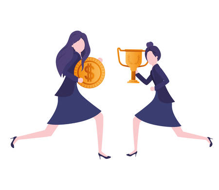 businesswomen with trophy and coin character vector illustration desingのイラスト素材