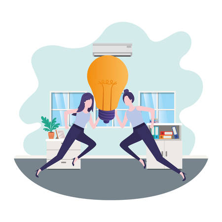 businesswomen with lightbulb in living room vector illustration desingのイラスト素材