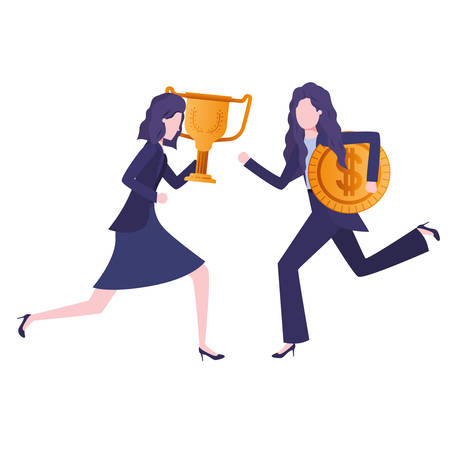 businesswomen with trophy and coin character vector illustration desingのイラスト素材