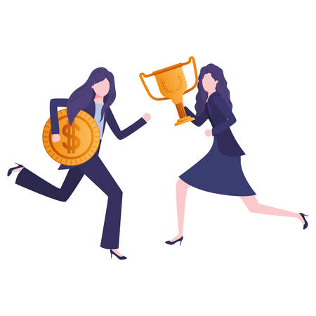 businesswomen with trophy and coin character vector illustration desingのイラスト素材