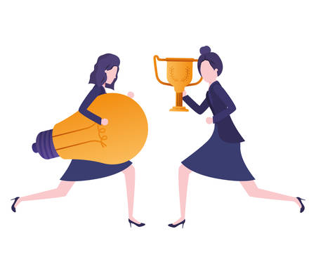 businesswomen with trophy and light bulb character vector illustration desingのイラスト素材