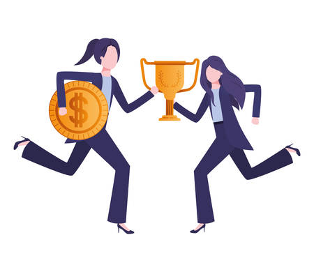 businesswomen with trophy and coin character vector illustration desingのイラスト素材