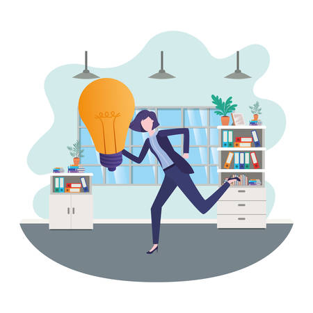 businesswomen with lightbulb in living room vector illustration desingのイラスト素材