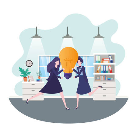 businesswomen with lightbulb in living room vector illustration desingのイラスト素材