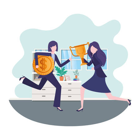 businesswomen with trophy and coin in living room vector illustration desingのイラスト素材