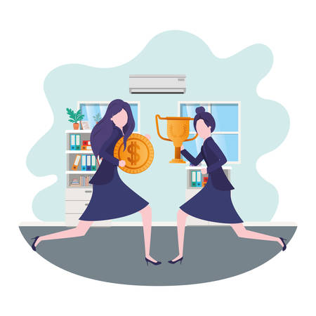 businesswomen with trophy and coin in living room vector illustration desingのイラスト素材