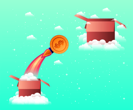 rocket start up with coin and box vector illustration designのイラスト素材