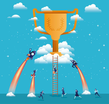 businesswomen flying in rockets start up with trophy vector illustration designのイラスト素材