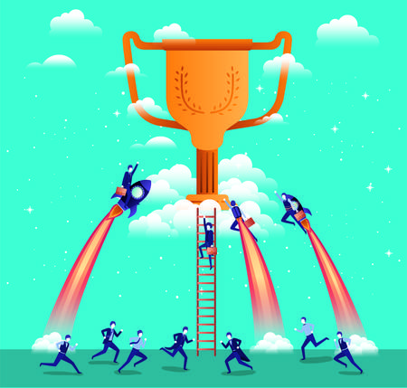 businessmen flying in rockets start up with trophy vector illustration designのイラスト素材