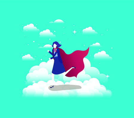 businesswoman with hero coat running in the sky vector illustration designのイラスト素材