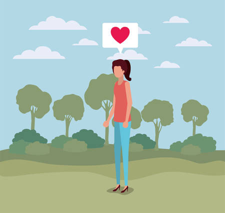 young woman with heart in speech bubble on the camp vector illustrationのイラスト素材
