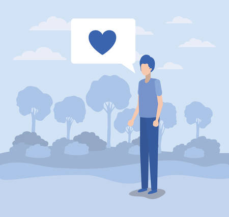 young man with heart in speech bubble on the camp vector illustration designのイラスト素材