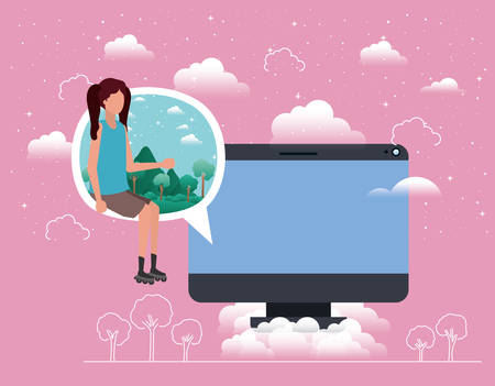 computer desktop with woman in speech bubble vector illustration designのイラスト素材