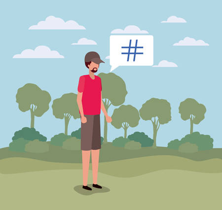 young man with pound key in speech bubble on the camp vector illustrationのイラスト素材