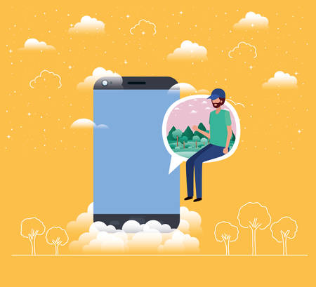 smartphone with boy seated in speech bubble vector illustration designのイラスト素材