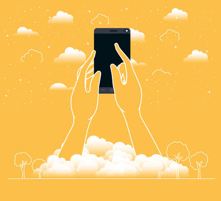 hands using smartphone in the sky vector illustration designのイラスト素材