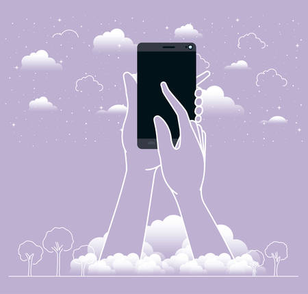 hands using smartphone in the sky vector illustration designのイラスト素材