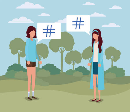 young women with pound key in speech bubble on the camp vector illustrationのイラスト素材