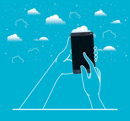 hands using smartphone in the sky vector illustration designのイラスト素材