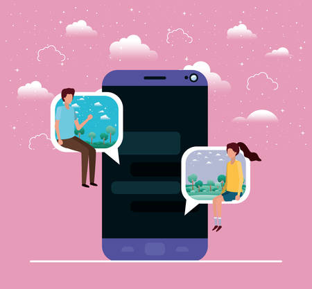 smartphone with couple seated in speech bubble vector illustration designのイラスト素材