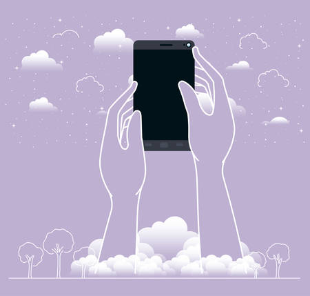 hands using smartphone in the sky vector illustration designのイラスト素材