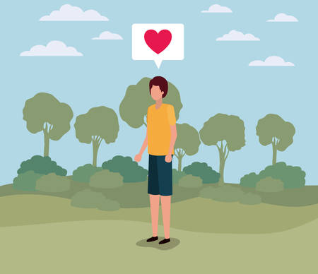 young man with heart in speech bubble on the camp vector illustration designのイラスト素材