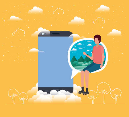 smartphone with boy seated in speech bubble vector illustration designのイラスト素材