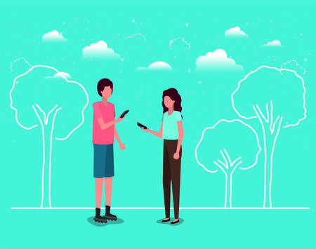 couple using smartphone in the field vector illustration designのイラスト素材