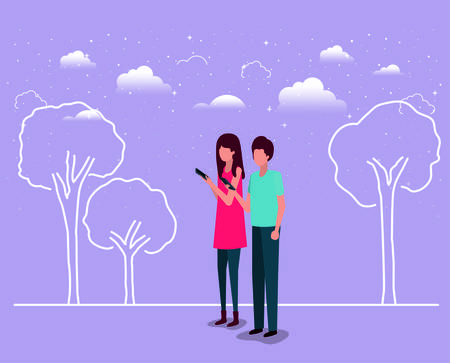 couple using smartphone in the field vector illustration designのイラスト素材