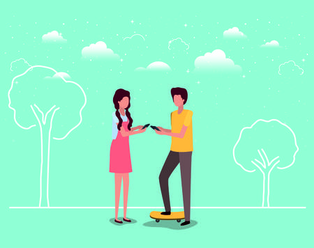couple using smartphone in the field vector illustration designのイラスト素材