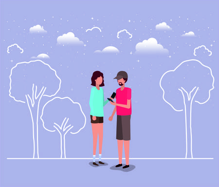 couple using smartphone in the field vector illustration designのイラスト素材