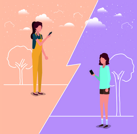 couple of girls using smartphone vector illustration designのイラスト素材