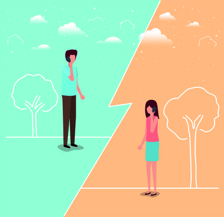 couple using smartphone in the field vector illustration designのイラスト素材