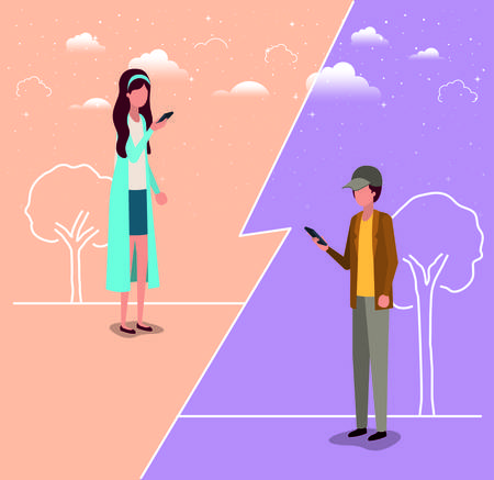 couple using smartphone in the field vector illustration designのイラスト素材