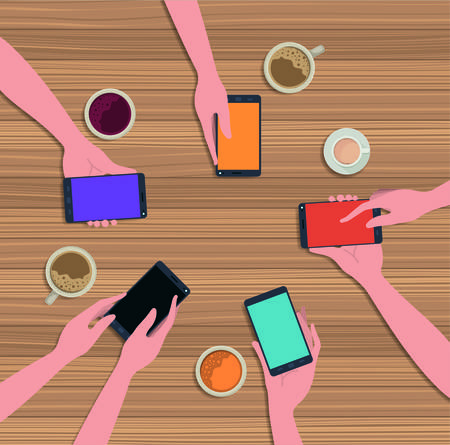 people using smartphone with coffee cup in the table vector illustration designのイラスト素材