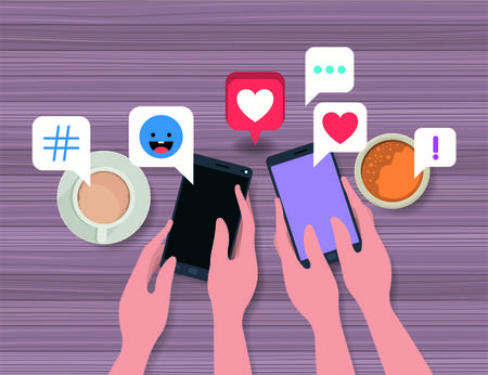 people using smartphone with coffee cup and social icons vector illustrationのイラスト素材