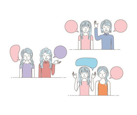 group of girls with speech bubbles avatars characters vector illustration designのイラスト素材