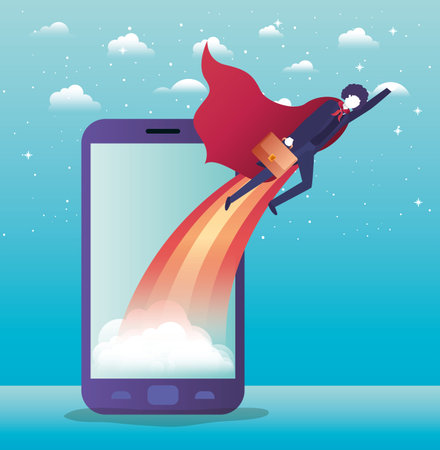 businessman with hero coat flying in smartphone vector illustration designのイラスト素材