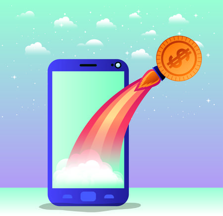 smartphone with rocket start up and coin vector illustration designのイラスト素材
